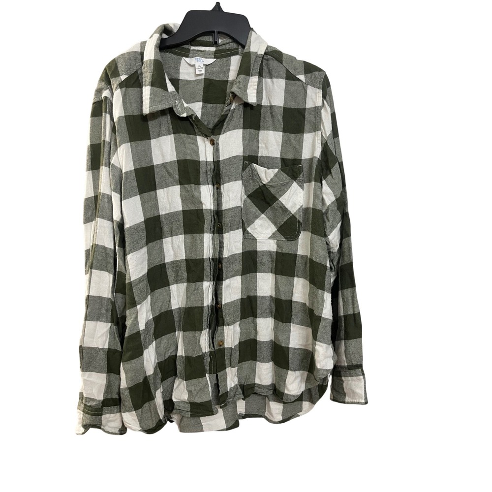 TIME TRU Womens Flannel Shirt Green White Buffalo Check Long Sleeve Button Up XL
